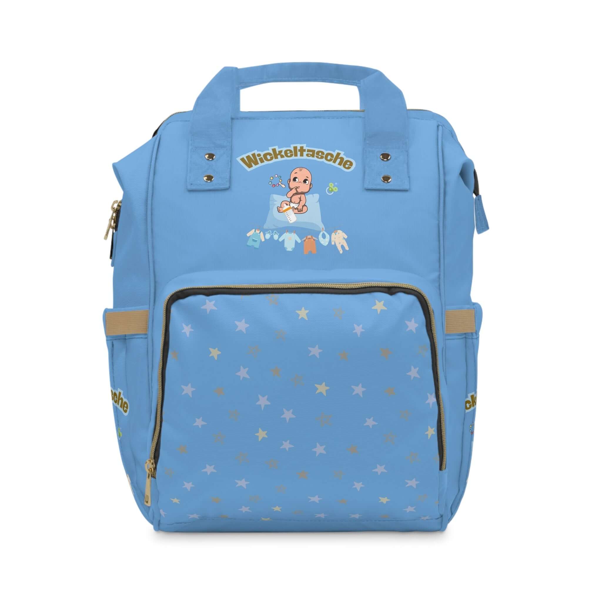 Stylischer multifunktionaler Wickelrucksack für trendige Eltern - Blau mit Sternen-Design - Design-Familientruhe