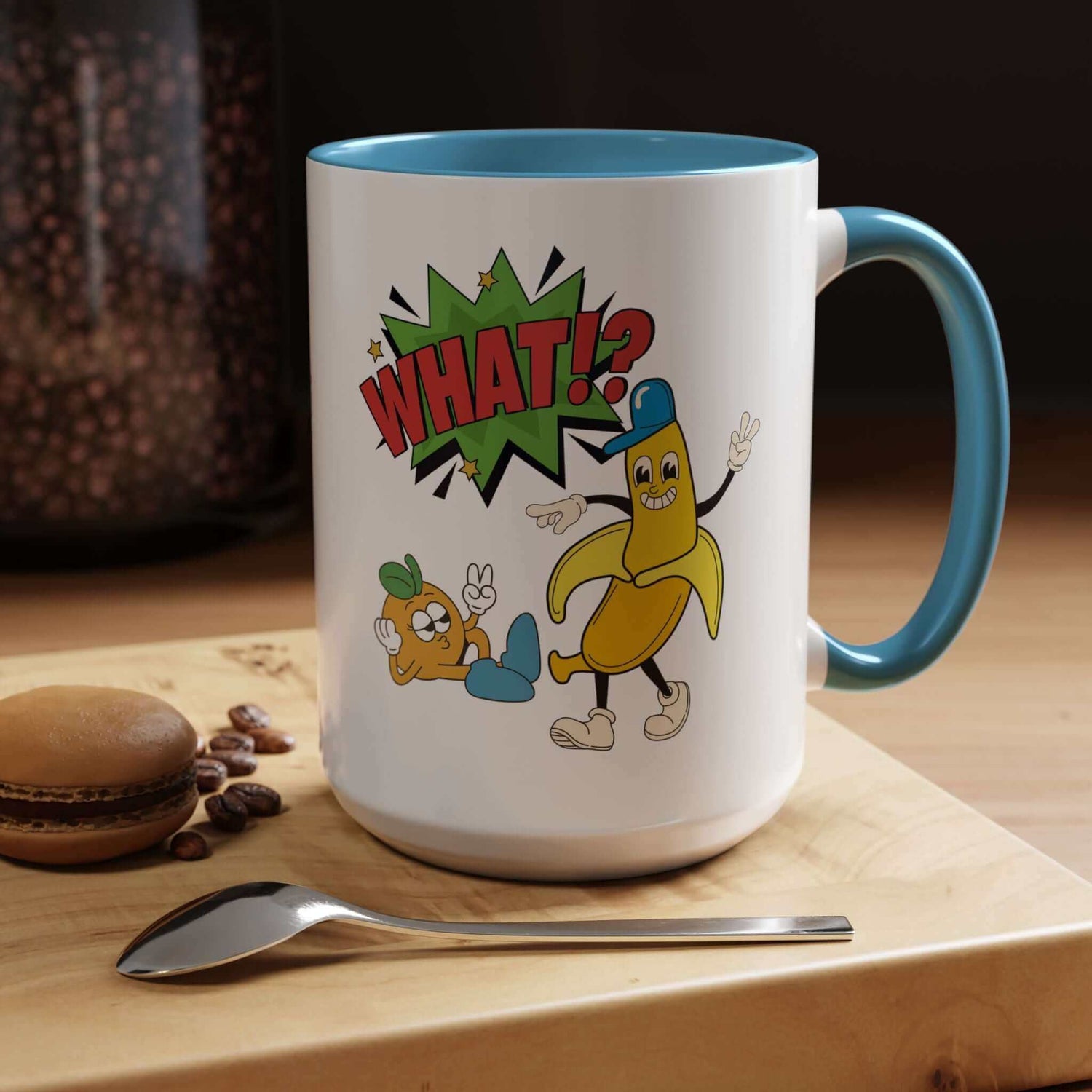 Kreative Kaffeetasse mit Comic-Motiv "What!?", Teil der Hom - Tassen &amp; Becher Kollektion, ideal für Kaffee- und Teeliebhaber.