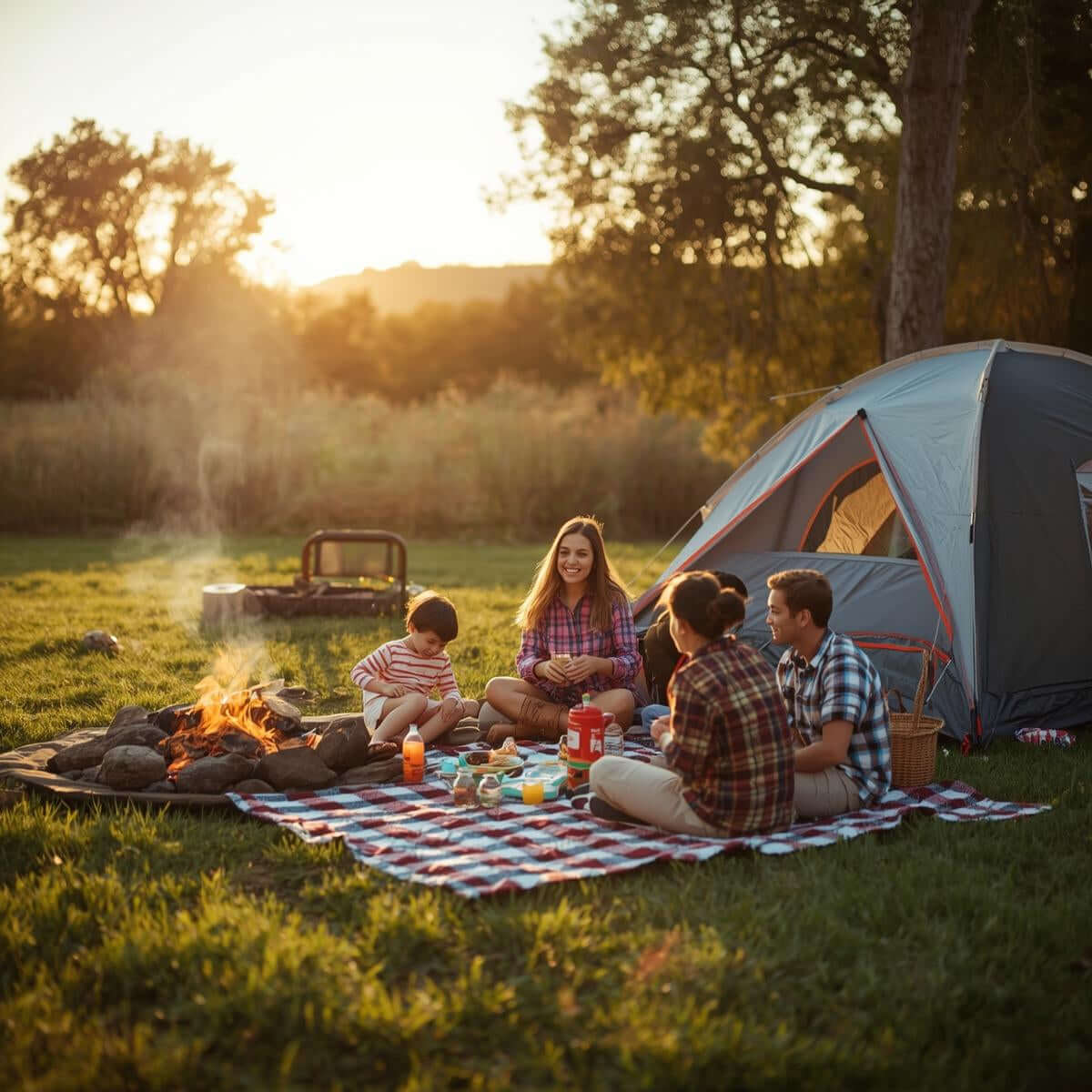 Familie beim Camping am Lagerfeuer mit Zelt im Hintergrund, perfekte Camping Accessoires für Familienabenteuer