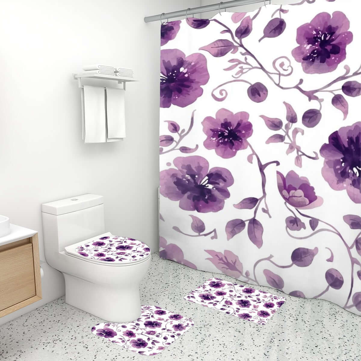 Badezimmerteppich-Set mit Duschvorhang, Blumenmuster in Lila, 4-teilig, bringt Stil und Komfort ins Bad, rutschfest und farblich abgestimmt.