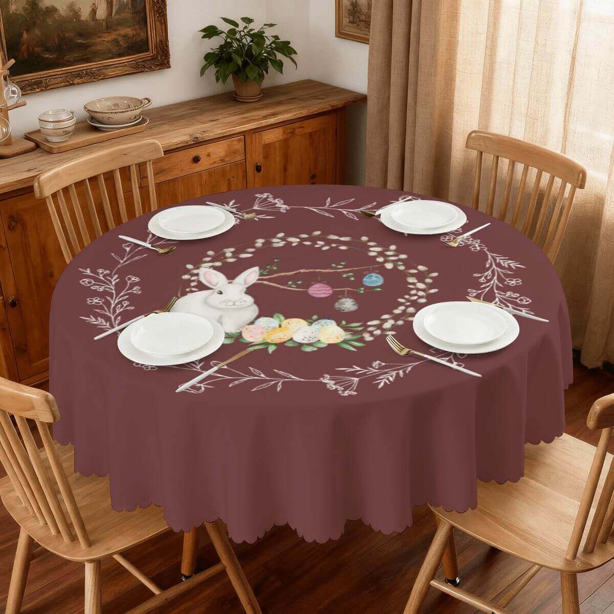 Tischdecken veredelt mit verschiedene Designs in ländlicher Küche, festliche Osterhasen-Dekor mit Geschirr, ideal für Feierlichkeiten.