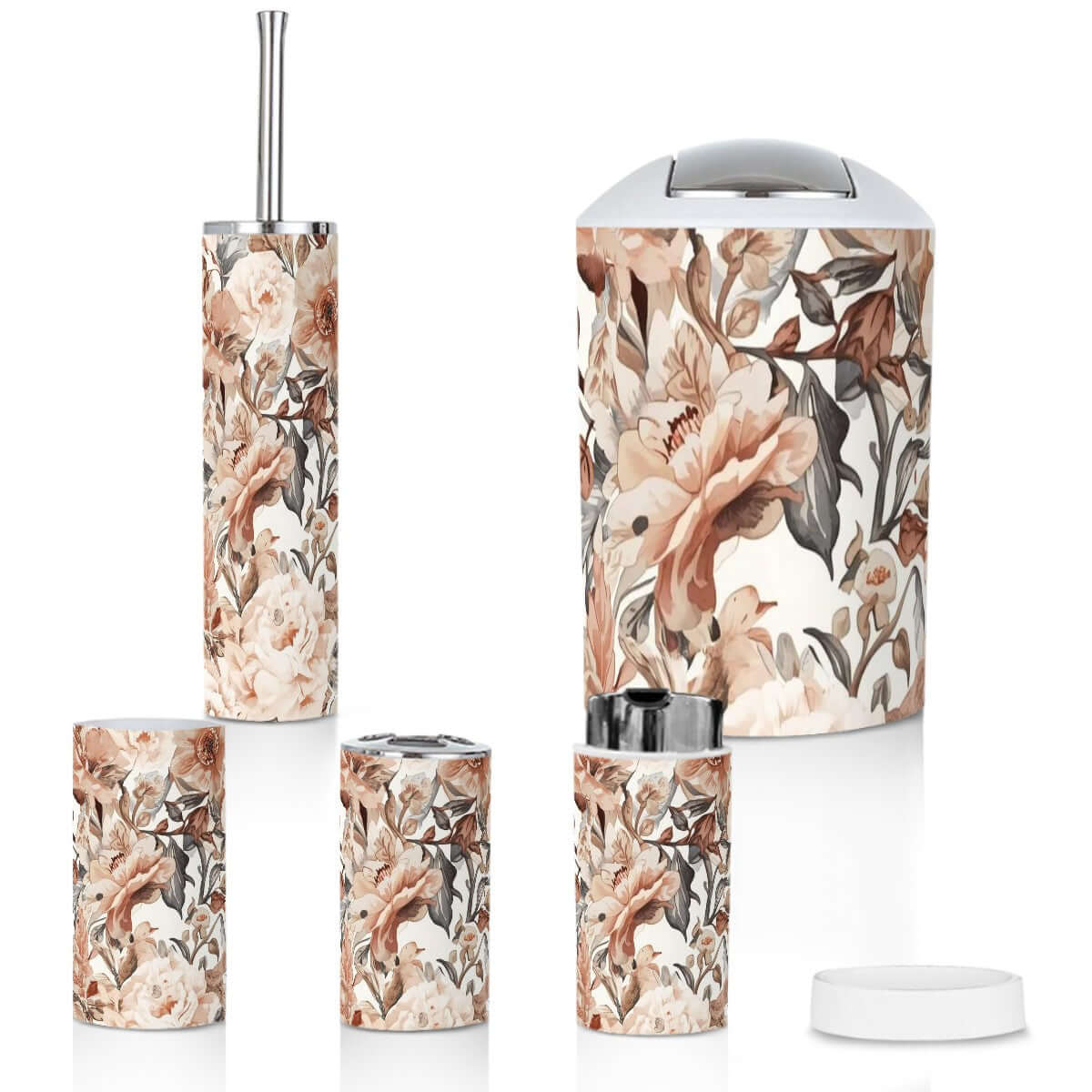 Badezimmer-Accessoires-Set, 5-teilig, mit floral bedrucktem Design, bestehend aus Zahnbürstenbecher, Zahnbürstenhalter, aus Kunststoff