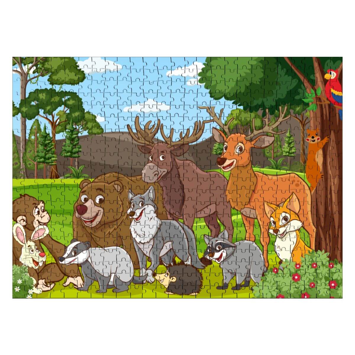 500-teiliges Holzpuzzle (horizontal) mit verschiedenen Waldtieren in lebendiger Naturansicht.