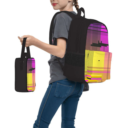 3er-Set Taschen (Oxford-Rucksack, Lunchtasche &amp; Federmäppchen) mit modernem Design, getragen von einem Kind. Robuster Oxford-Stoff.