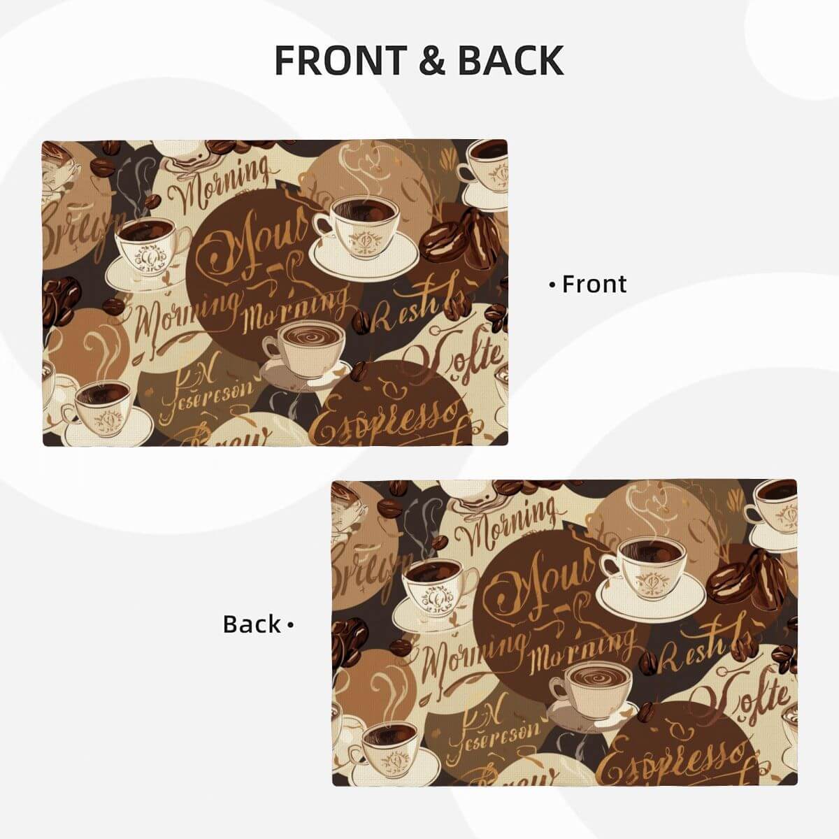 Doppellagige Tischsets aus Leinenimitat mit doppelseitigem Kaffee-Design und Sublimationsdruck, Vorder- und Rückseite Ansicht.