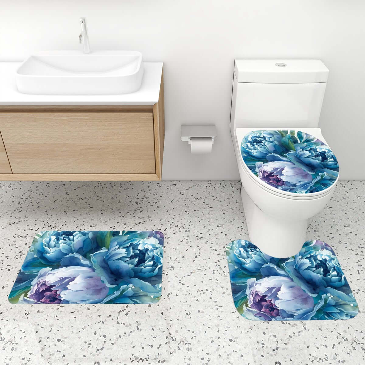 Badezimmerteppich-Set mit Duschvorhang, 4-teilig in blauem Blumenprint, Polyester-Material, inkl. Teppiche und Toilettensitzbezug.