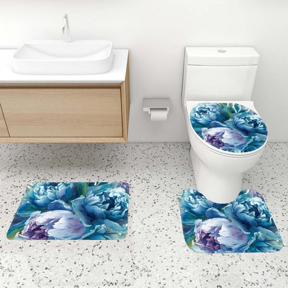 Badezimmerteppich-Set mit Duschvorhang, 4-teilig in blauem Blumenprint, Polyester-Material, inkl. Teppiche und Toilettensitzbezug.