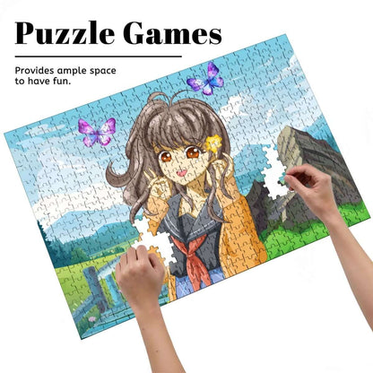 500-teiliges Holzpuzzle (horizontal) mit Anime-Design, zwei Hände fügen Teile zusammen, langlebiges Lindenholzmaterial, UV-Druck.