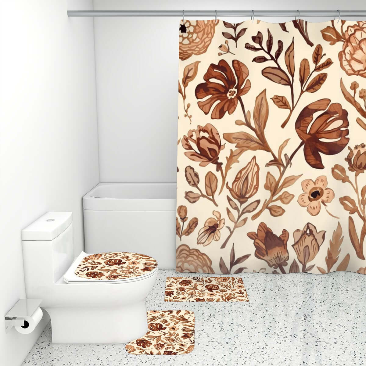 Badezimmerteppich-Set mit Duschvorhang, 4-teilig, Geblümdruck, Polyester, wasserfest, einseitiges Design, langlebig, weich, 72x72 Zoll.