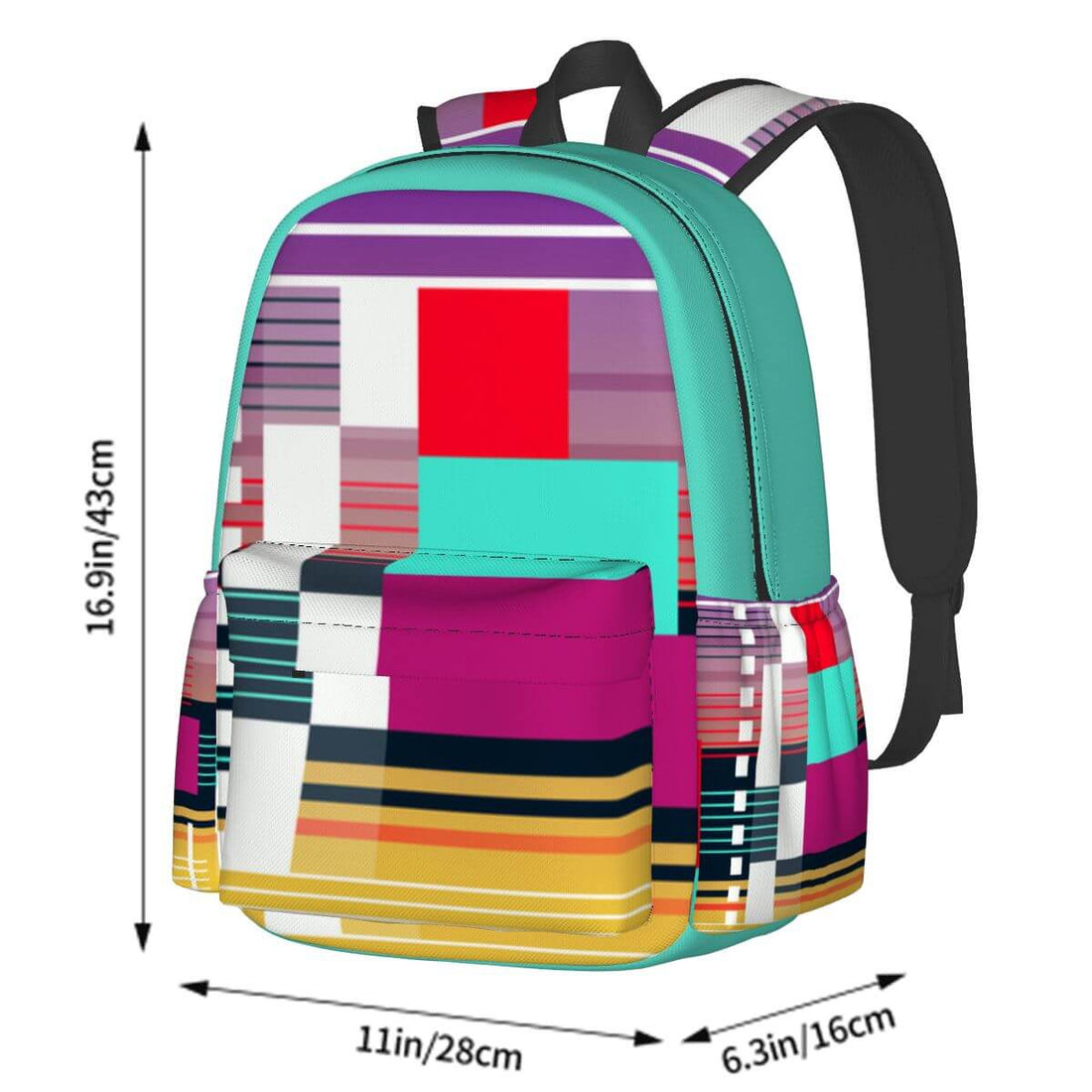 Bunter geräumiger Oxford-Rucksack mit Seitentaschen und Sublimationsdruck, Größe 11x6,3x16,9 Zoll, aus hochwertigem Oxford-Stoff.