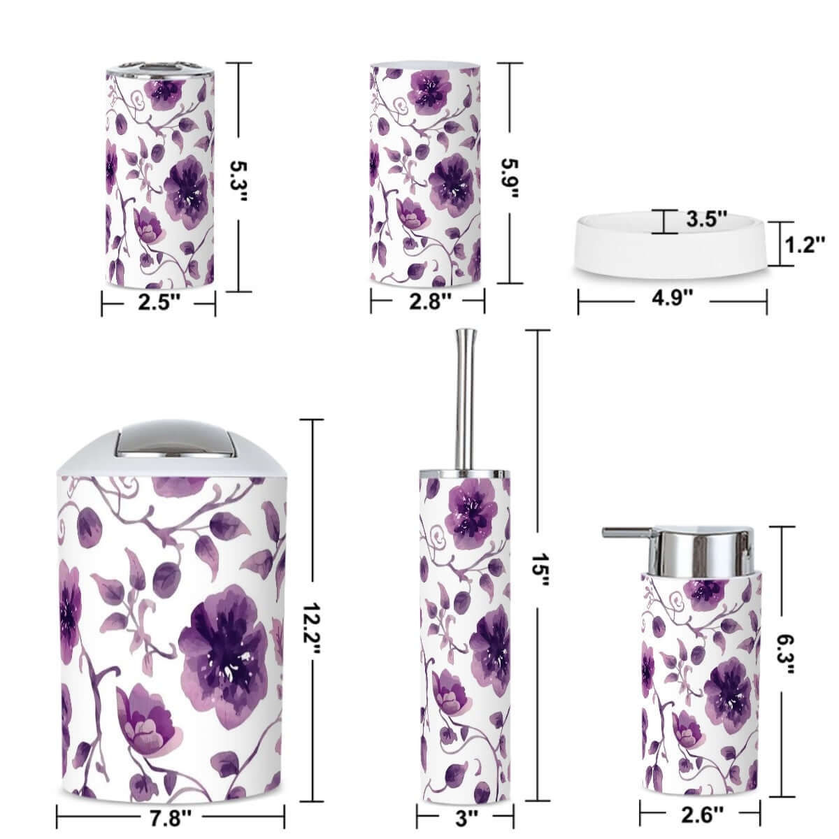 Badezimmer-Accessoires-Set, 5-teilig mit floralem Design auf Kunststoff, inklusive Zahnbürstenbecher und Halter, leicht und langlebig, Abmessungen.