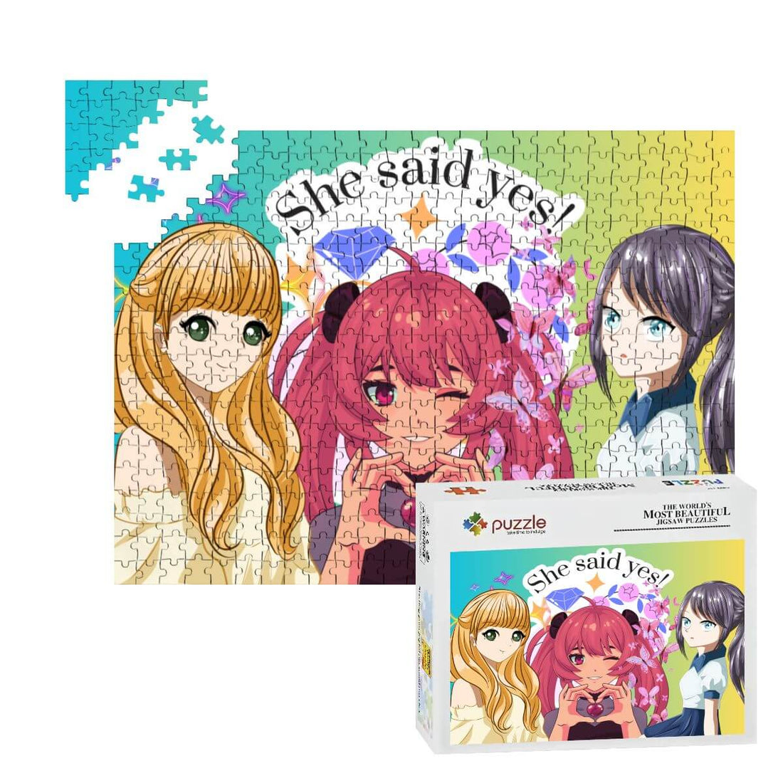 500-teiliges Holzpuzzle (horizontal) mit Charakteren und Schriftzug "She said yes!" auf der Vorderseite.