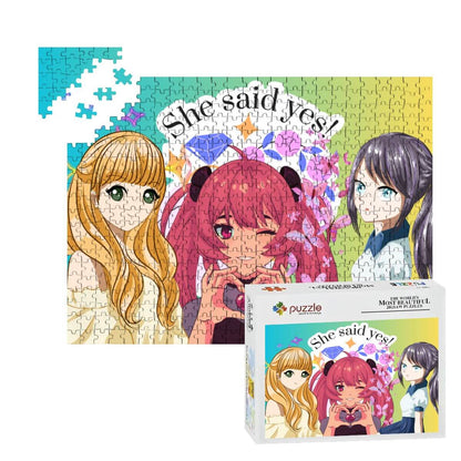 500-teiliges Holzpuzzle (horizontal) mit Charakteren und Schriftzug "She said yes!" auf der Vorderseite.