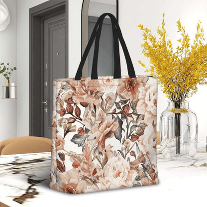Große Tragetasche mit floralem Design in einem modernen Wohnzimmer, Material: 100 % Polyester, Größe: 19,6"x15,7"x5,9".