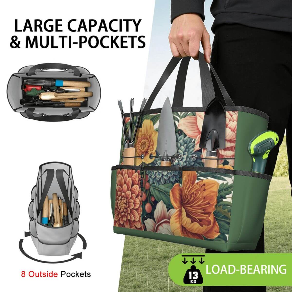 Gartengerätetasche aus Oxford-Stoff mit großem Fassungsvermögen, Mehrfachfächern, floralem Design, ideal für die Aufbewahrung im Garten.