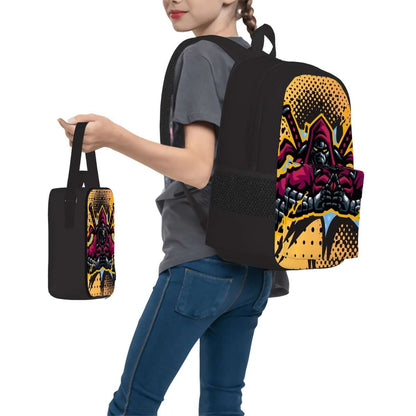 3er-Set Taschen (Oxford-Rucksack, Lunchtasche &amp; Federmäppchen) in buntem Design aus Oxford-Stoff mit Kind, Seitenansicht