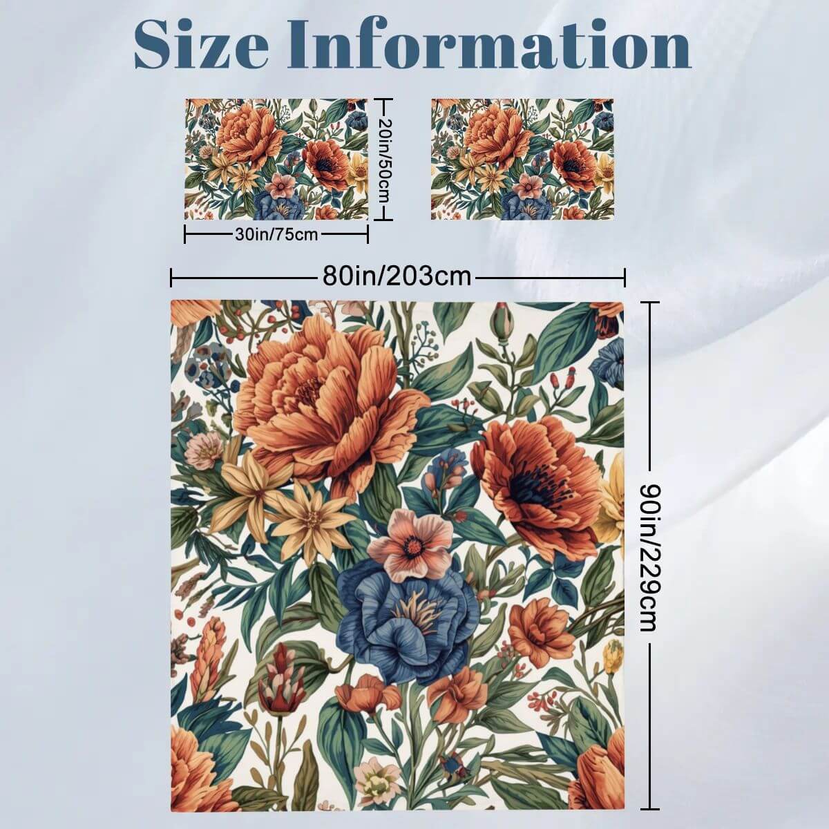 Floral Komplettes Bettwäscheset with dimensions. Includes 80"x90" duvet cover and 30"x20" pillowcases, made of 90GSM polyester.