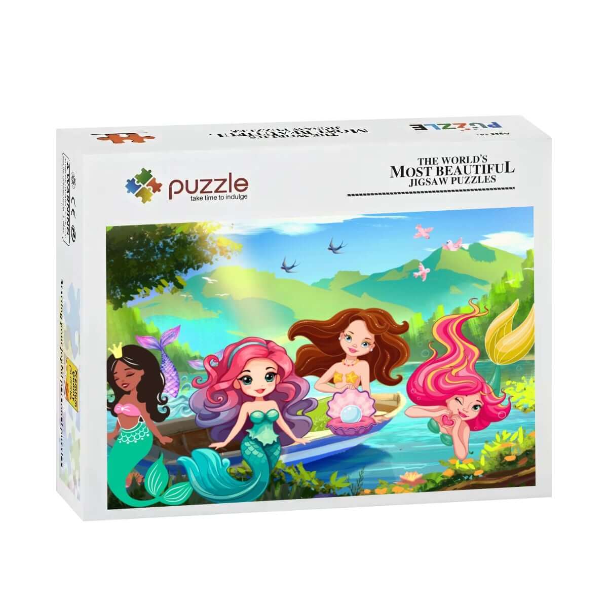 Holzpuzzle, 500 Teile (horizontal) mit bunten Meerjungfrauen, wunderschön gestalteter Puzzlekarton.