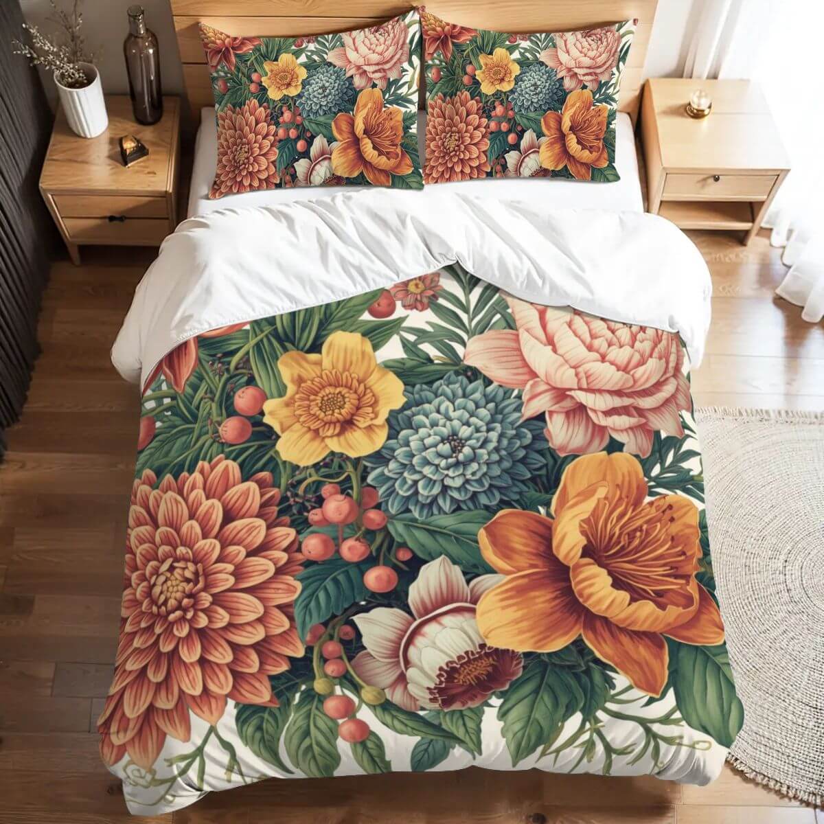 Komplettes Bettwäscheset mit floralem Design in lebhaften Farben, hochwertiger 90GSM Polyesterstoff, Bettbezug und Kissenbezüge Sublimationsdruck