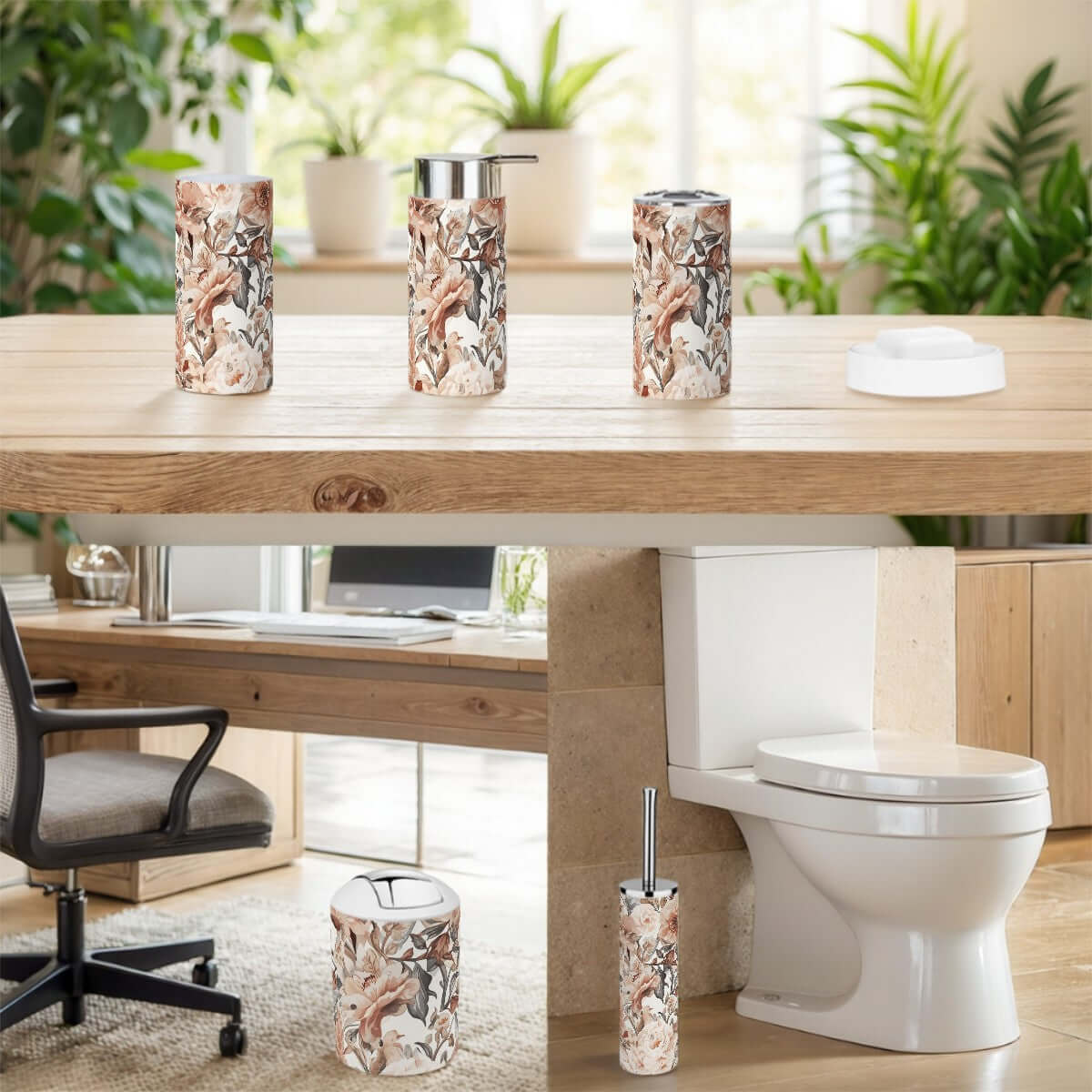 Badezimmer-Accessoires-Set, 5-teilig aus hochwertigem Kunststoff mit floralen Mustern in modernem Badezimmer-Ambiente, inklusive Zahnbürstenhalter.