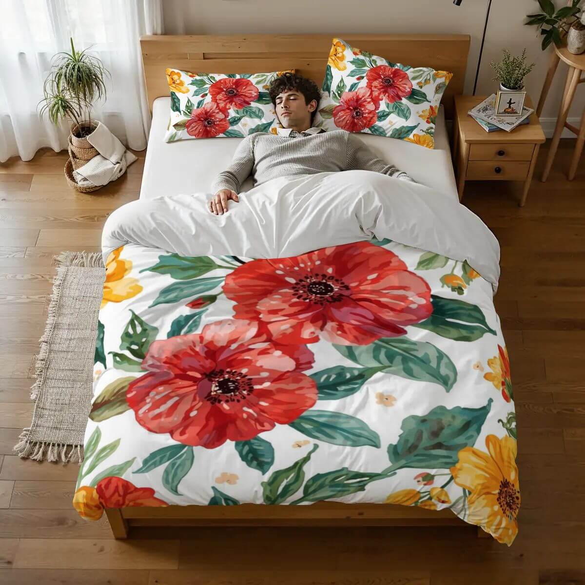 Komplettes Bettwäscheset aus 90GSM Polyester mit floralem Design, Bettbezug und Kissenbezüge, langlebig und atmungsaktiv.