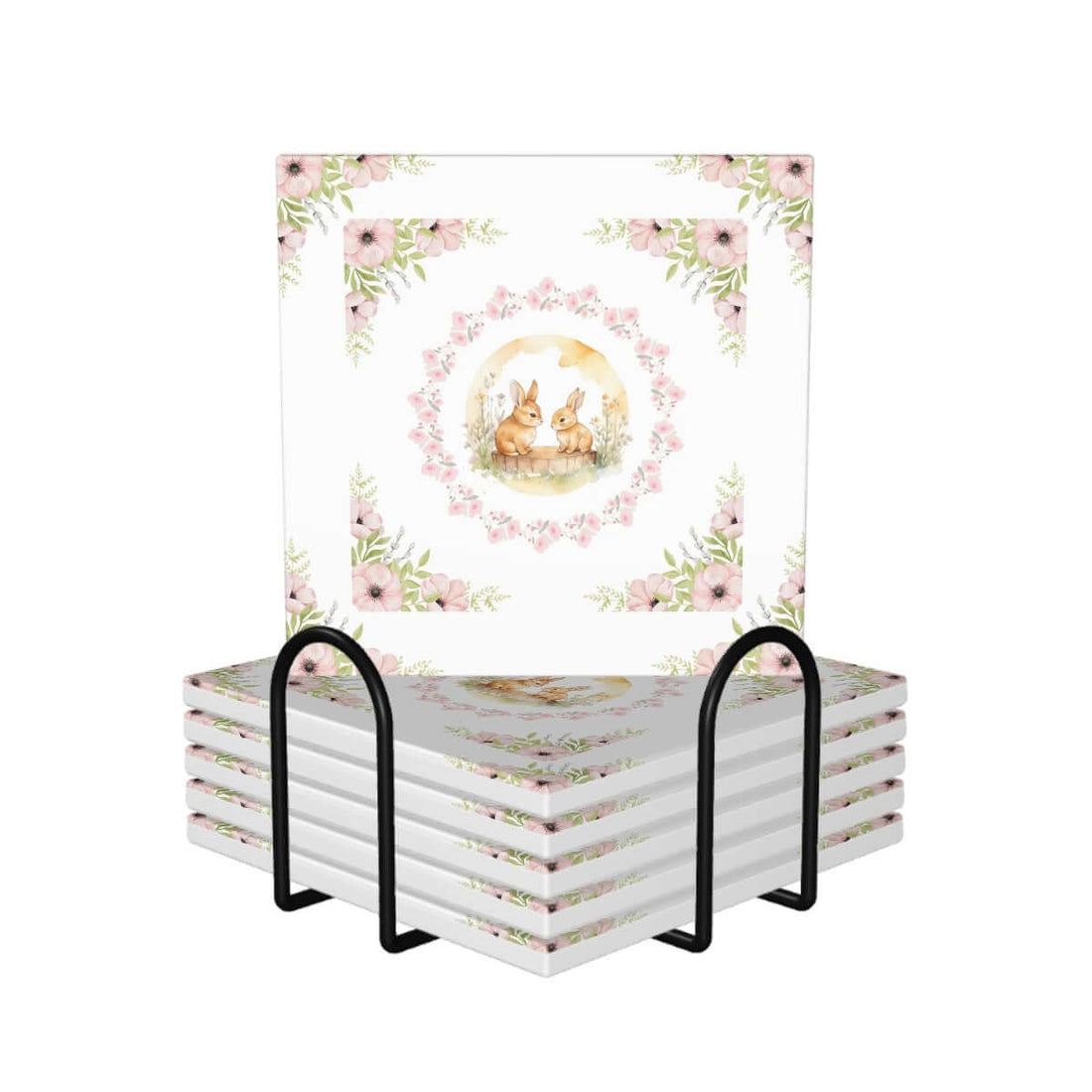 Quadratische Keramikuntersetzer, 6 Stück mit Blumen- und Hasenmotiv, dekorativ gestapelt im Halter, geeignet für Hausdekoration.