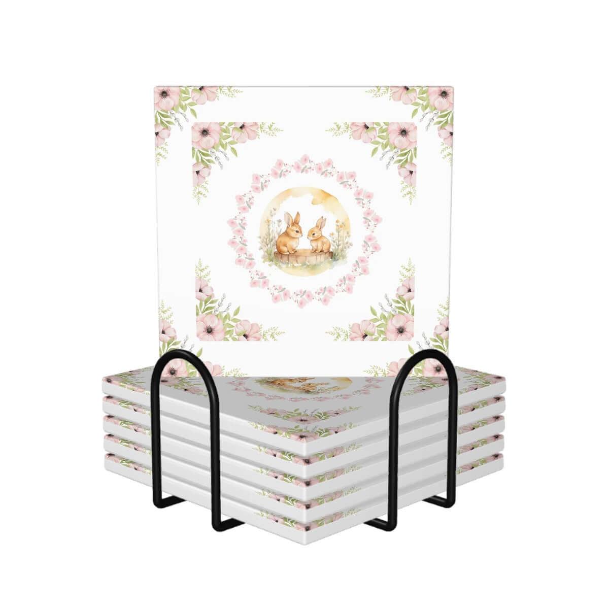 Quadratische Keramikuntersetzer, 6 Stück mit Blumen- und Hasenmotiv, dekorativ gestapelt im Halter, geeignet für Hausdekoration.