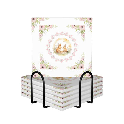 Quadratische Keramikuntersetzer, 6 Stück mit Blumen- und Hasenmotiv, dekorativ gestapelt im Halter, geeignet für Hausdekoration.