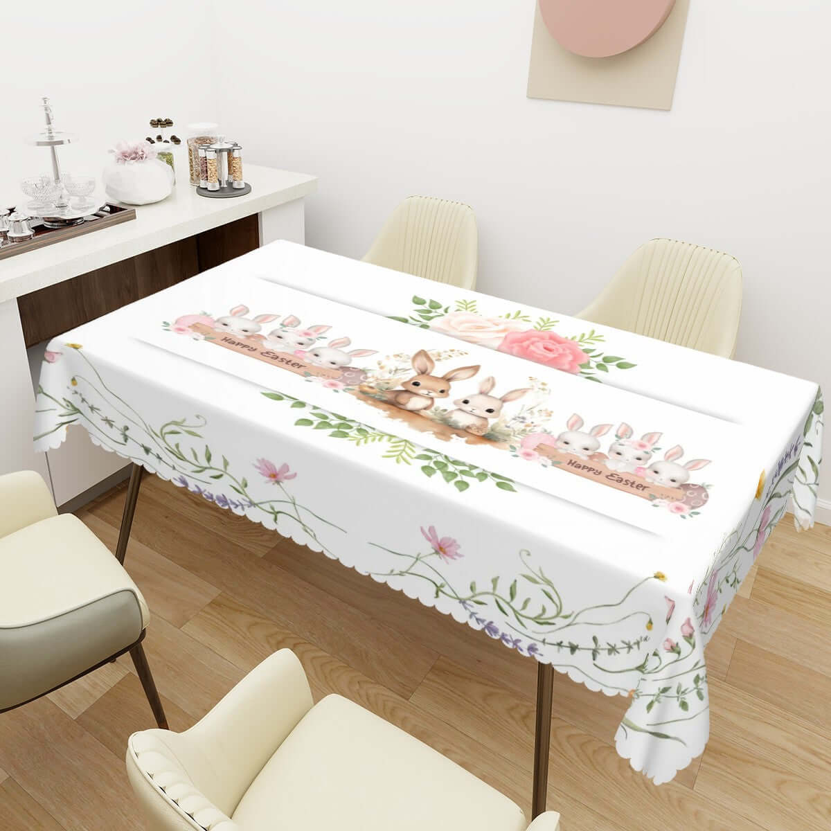 Rechteckige Tischdecke mit Wellenrand Ostermotiv, 72x54, 100% Polyester, einseitiger Druck, wasserdicht, dekoriert mit Blumen und Osterhasen