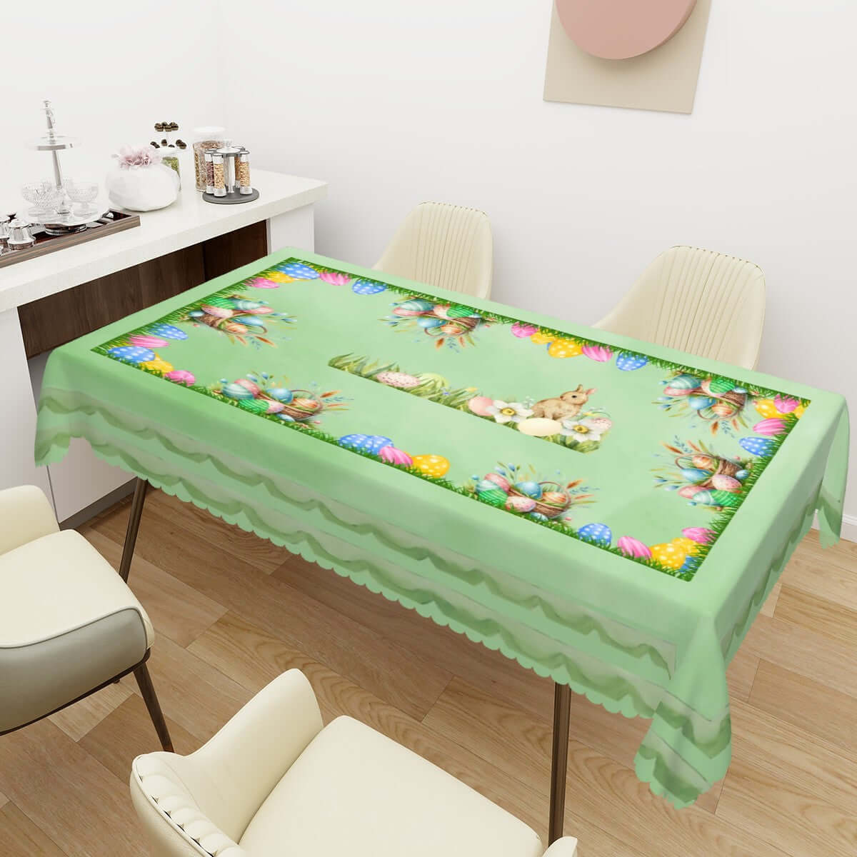 Rechteckige Tischdecke mit Wellenrand Ostermotiv aus 100% Polyester, 72"x54", wasserdicht, sublimationsbedruckt, für Tischschutz und Deko.