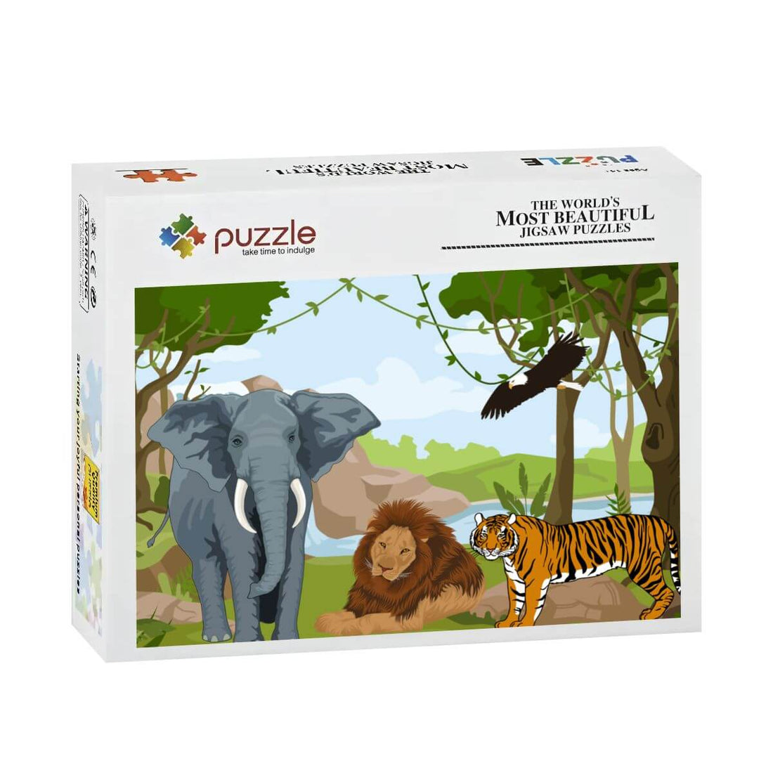 Produktbild des 500-teiliges Holzpuzzle (horizontal) mit Elefant, Löwe und Tiger in der Natur.