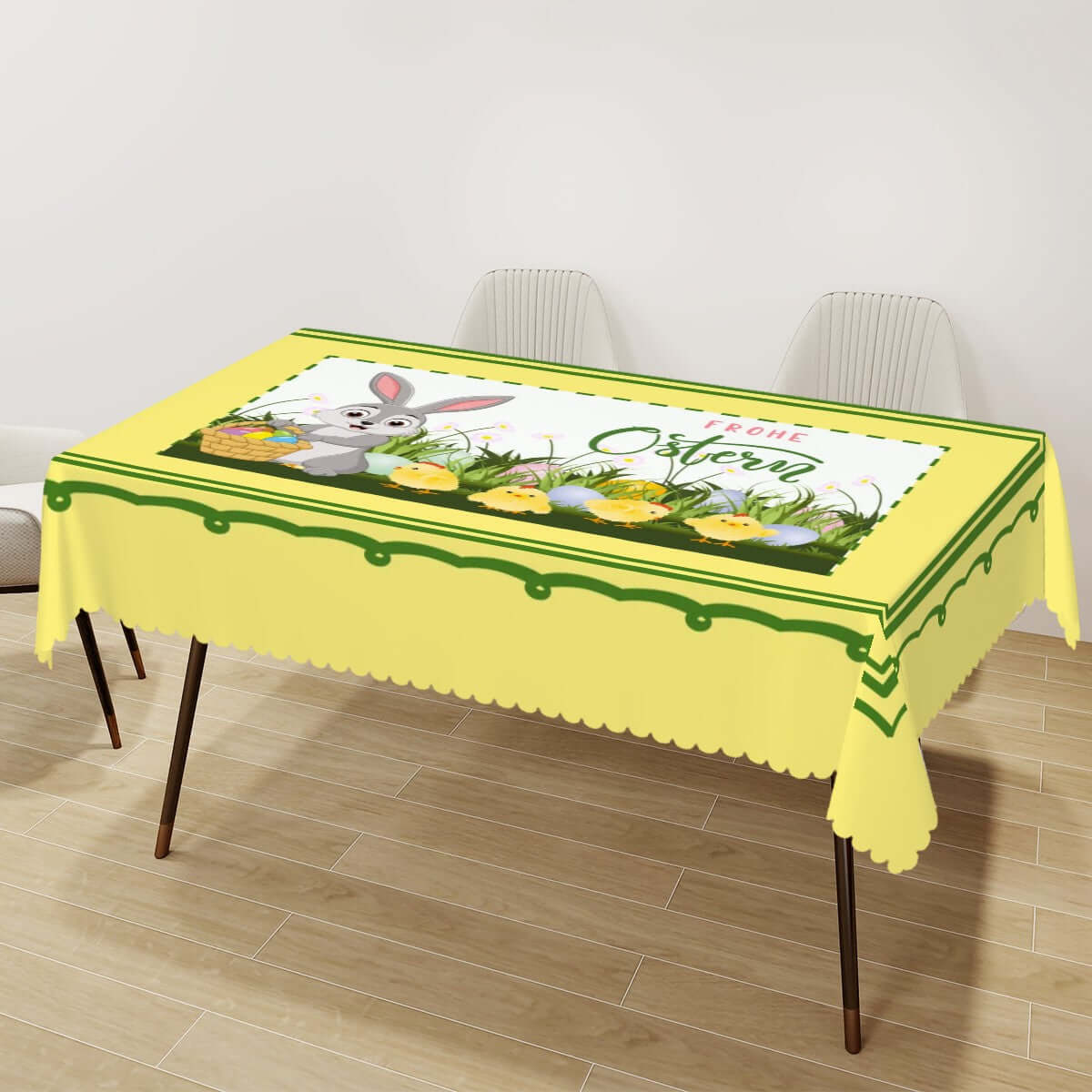 Rechteckige Tischdecke mit Wellenrand Ostermotiv aus Polyester, 72x54 Zoll, wasserdicht, weiche Haptik, einseitiger Druck mit Sublimation.