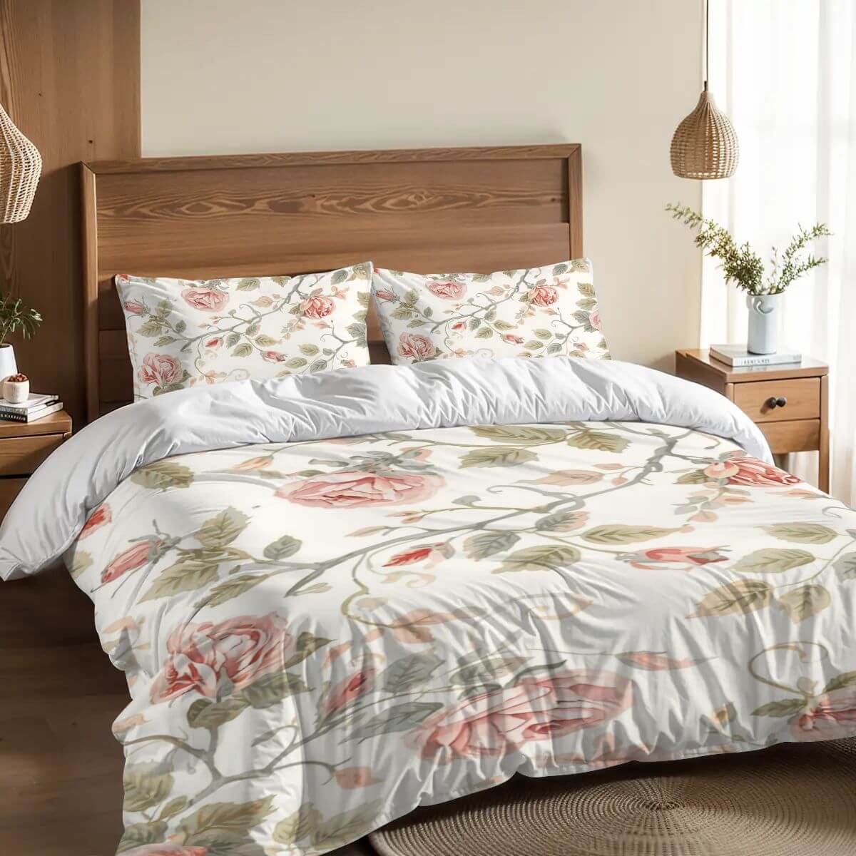 Florales komplettes Bettwäscheset aus 90GSM Polyester mit rosa Rosenmuster, Bettbezug 80"x90" und Kissenbezüge 30"x20"-2 Stück.