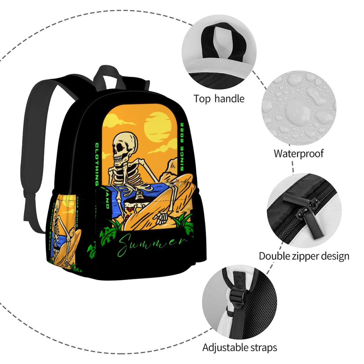 Geräumiger Oxford-Rucksack mit Seitentaschen und Skelettdesign in sommerlichem Look, aus polyesterbasiertem Oxford-Stoff.