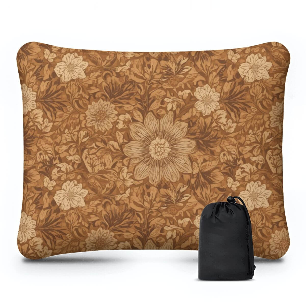 Video Aufblasbares Campingkissen mit Blumendesign und Tragetasche. Komfortabel, hochwertiges Polyester, Braun. Größe 15,8"x12,6"x4,3".