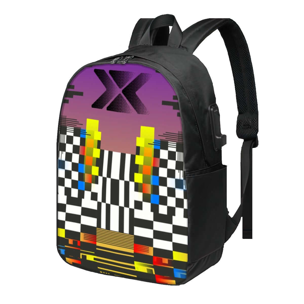 Oxford Reise-Laptop-Rucksack mit USB-Anschluss im einzigartigen einseitigen Design mit geometrischen Mustern.