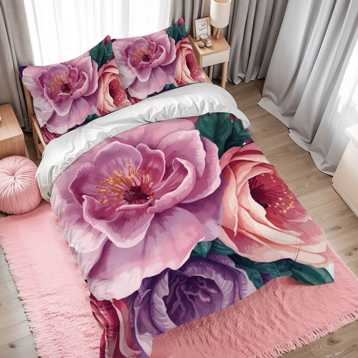 Komplettes Bettwäscheset mit Blumenmuster, aus 90GSM Polyester, Bettbezug 80x90, Kissenbezüge 30x20, atmungsaktiv und weich.