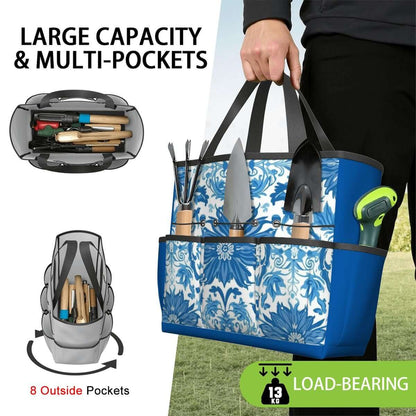 Gartengerätetasche mit großer Kapazität, mehreren Taschen und wasserdichtem Oxford-Stoff in blauem Blumenmuster
