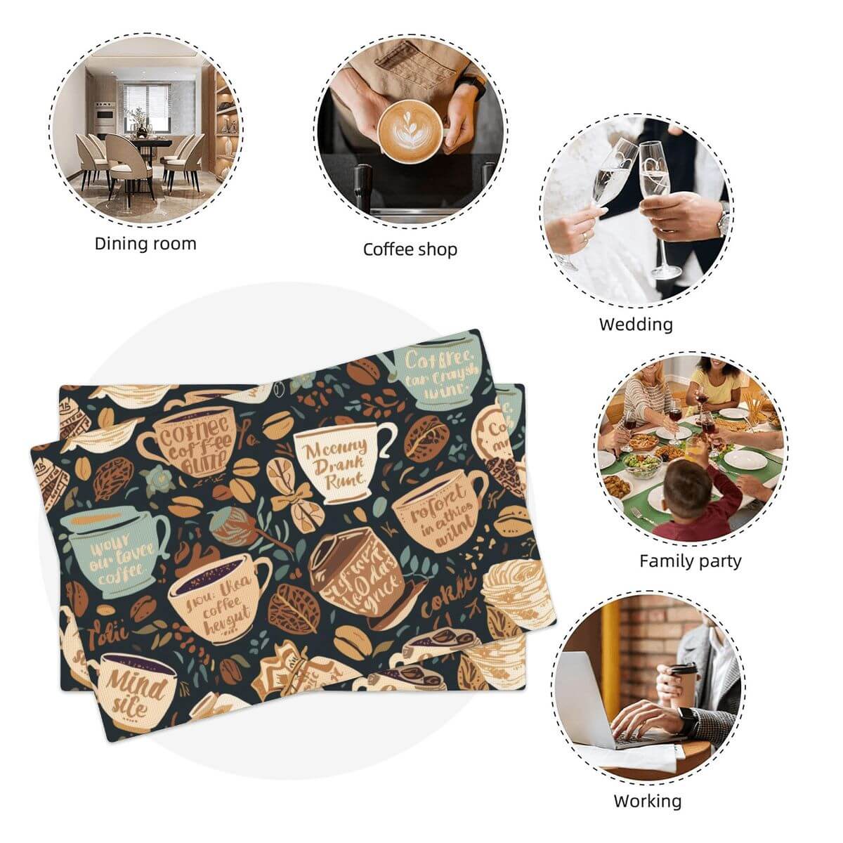 Doppellagige Tischsets aus Leinenimitat mit Kaffee-Design, ideal für Esszimmer, Kaffeeshop, Hochzeit, Familienfeier und Arbeit.