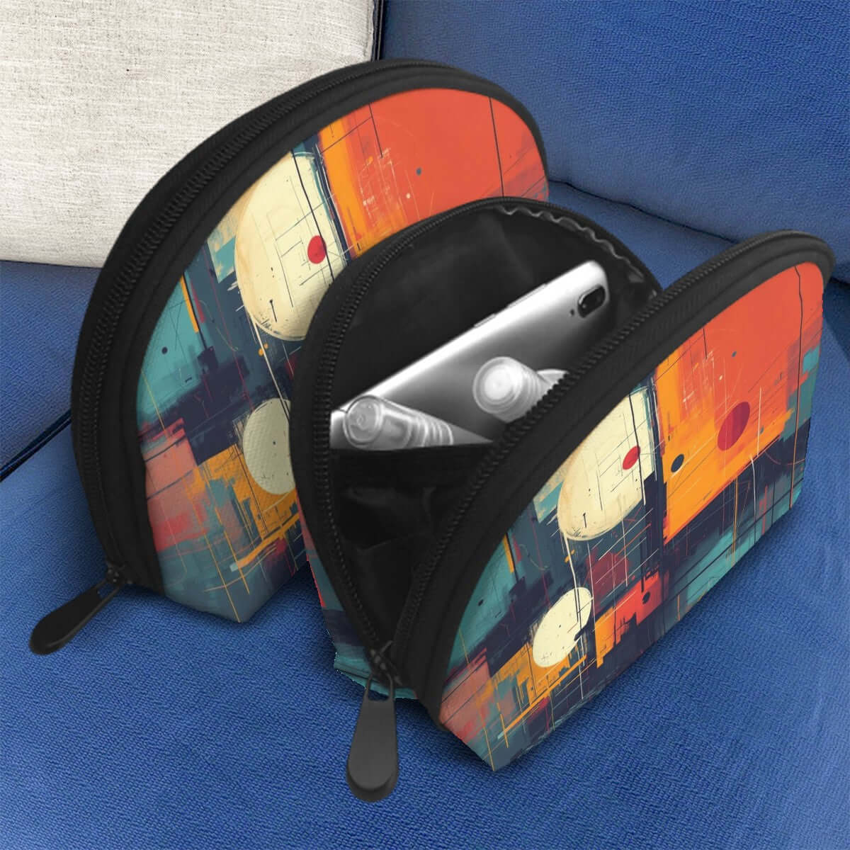 Storage Bags Set of 2 with colorful abstract design, large and small sizes, polyester material, zippered closure, ideal PU-Tragetasche für Damen.