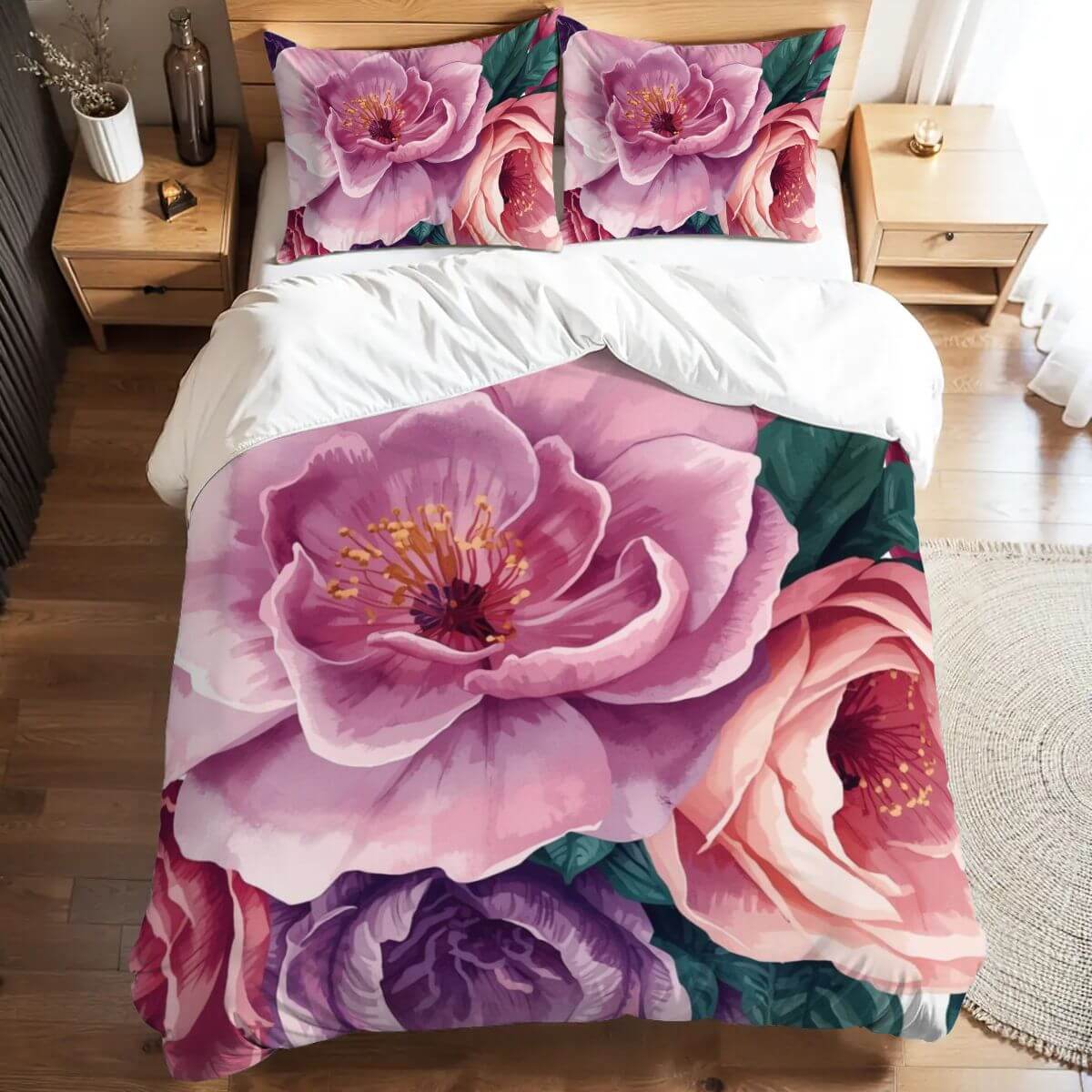 Komplettes Bettwäscheset mit Blumenmuster, 90GSM Polyester, Bettbezug 80"x90", Kissen 30"x20", sublimationsbedrucktes Design