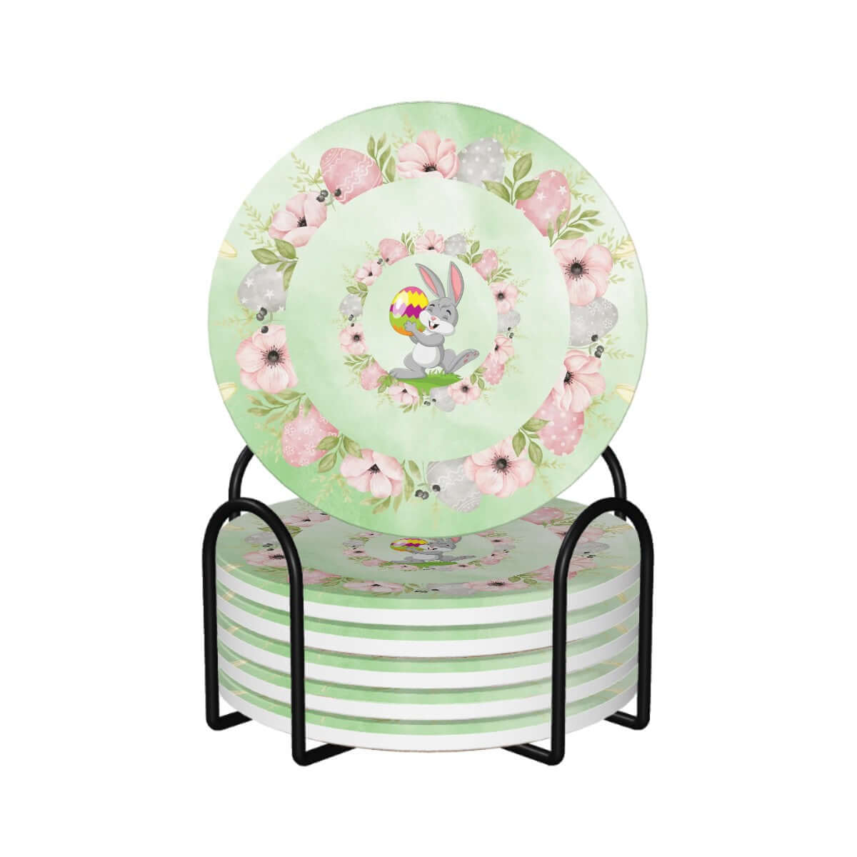 Runde Keramikuntersetzer, 6er-Set mit floralem Hasendesign in Metallhalter