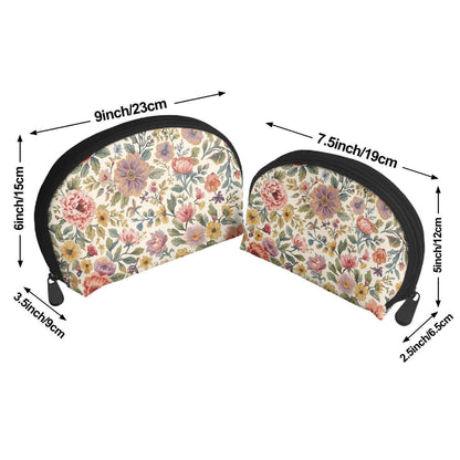 Blumenmuster Aufbewahrungsbeutel-Set (2 Stück) aus Polyester mit Reißverschluss, gezeigt in zwei Größen: 9x3,5x6 Zoll und 7,5x2,5x5 Zoll.
