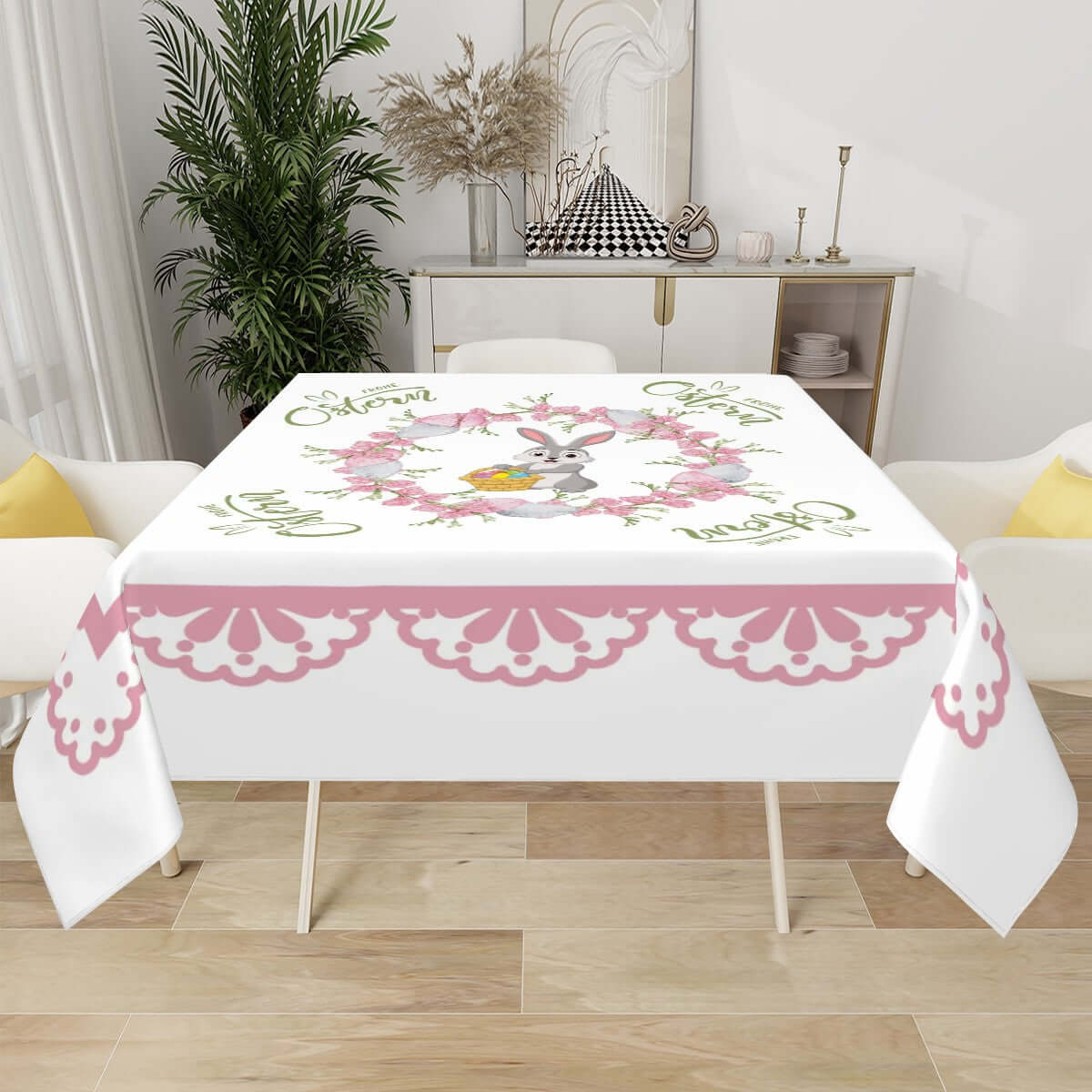 Quadratische Tischdecke Ostermotiv aus Polyester, 54"x54" Design, einseitiger Sublimationsdruck, ideal für Tischschutz und Dekoration.