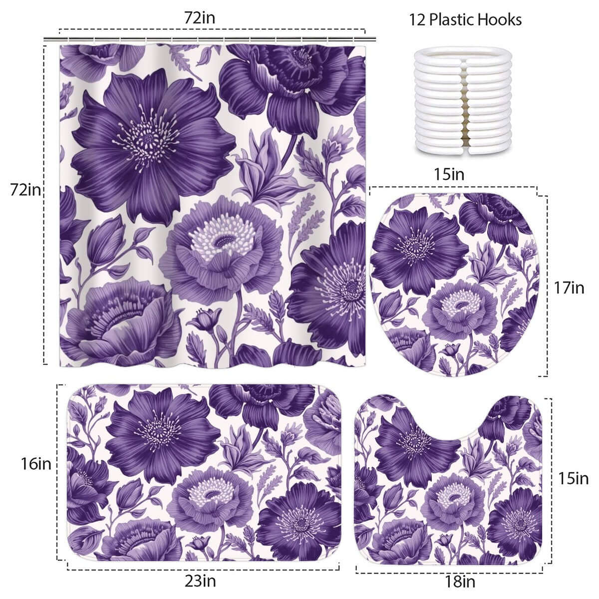 Video Badezimmerteppich-Set mit Duschvorhang, 4-teilig, lila Blumendesign, Polyester, inklusive Duschvorhang, Matten und Haken