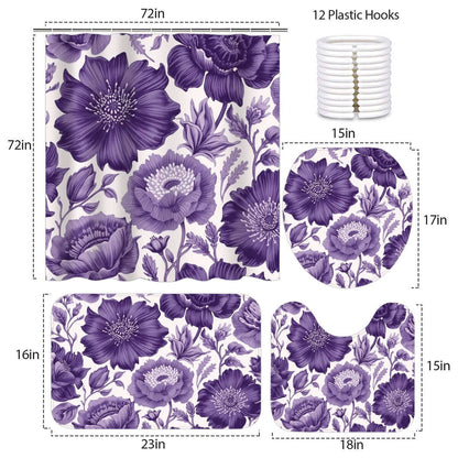 Video Badezimmerteppich-Set mit Duschvorhang, 4-teilig, lila Blumendesign, Polyester, inklusive Duschvorhang, Matten und Haken