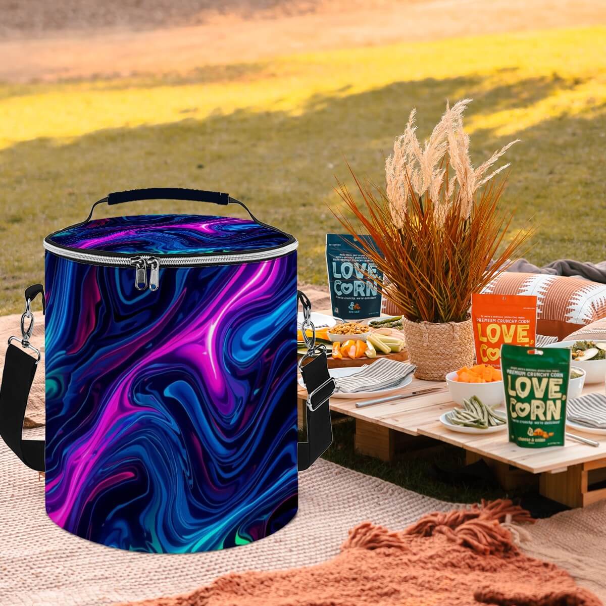 Camping-Kühltasche tragbar isoliert wasserdicht im Einsatz auf einem Picknick mit Snacks, Design in lebhaften Farben auf Wiese.