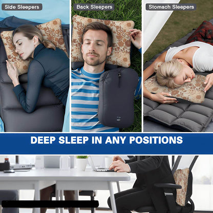 People using an aufblasbares Campingkissen in different sleeping positions: side, back, and stomach, with deep sleep claims.