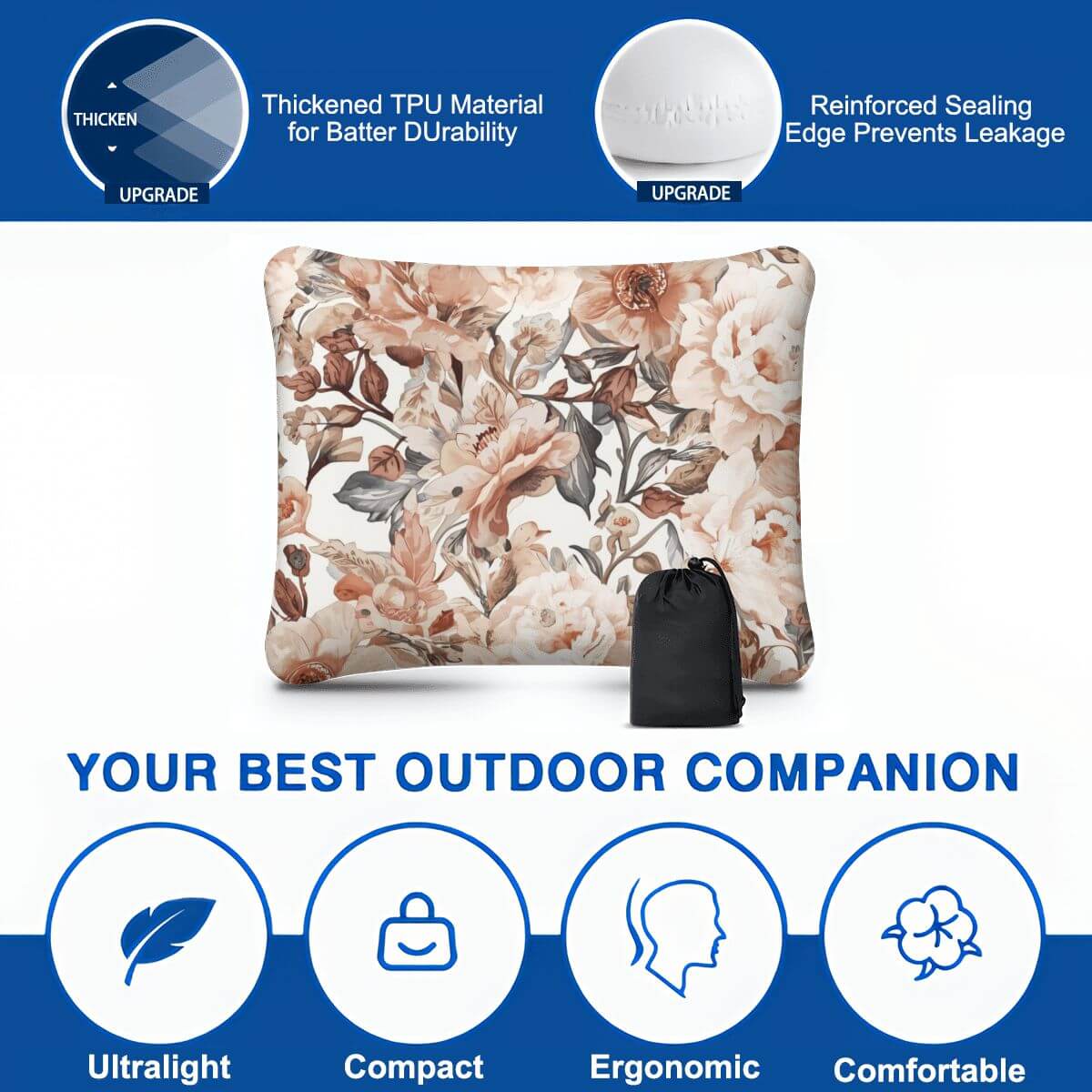 Aufblasbares Campingkissen mit Blumendesign, ideal für Outdoor-Aktivitäten, hautfreundlich und ergonomisch in kompakter Größe.
