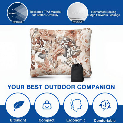 Aufblasbares Campingkissen mit Blumendesign, ideal für Outdoor-Aktivitäten, hautfreundlich und ergonomisch in kompakter Größe.